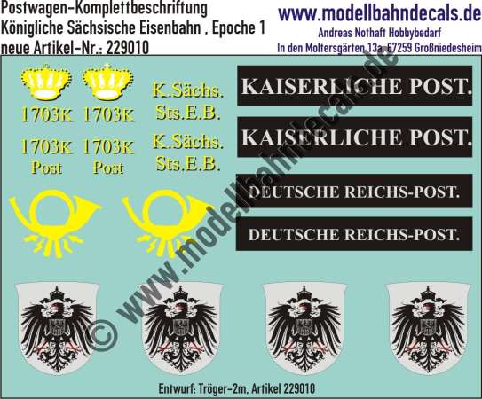 Nass-Schiebebilder: Postwagen-Komplettbeschriftung Königliche Sächsische Eisenbahn, Epoche 1, Entwurf Tröger-2m, Art. 229010.