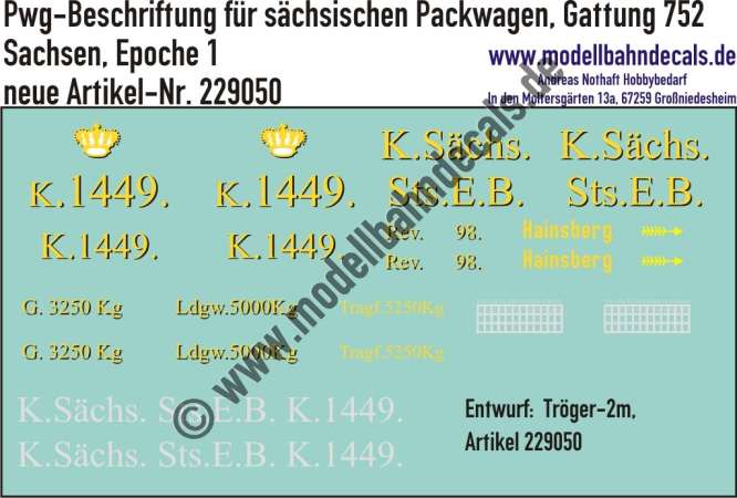 Nass-Schiebebilder: Pwg-Beschriftung für sächsischen Packwagen, Gattung 752, Sachsen, Epoche 1, Entwurf: Tröger-2m, Art. 229050.