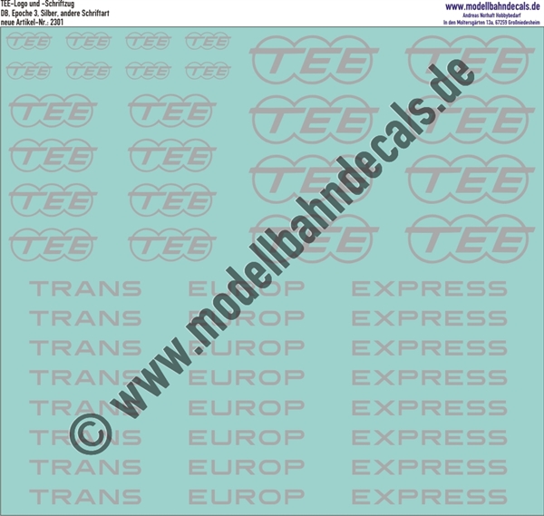 "Nass-Schiebebilder: TEE verschiedene Größen, Logo und Schriftzug, Silber, neue Version. Artikel-Nummer: 2301"