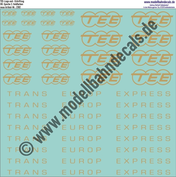 "Nass-Schiebebilder: TEE verschiedene Größen, Logo und Schriftzug, Goldfarben. Artikel-Nummer: 2302"