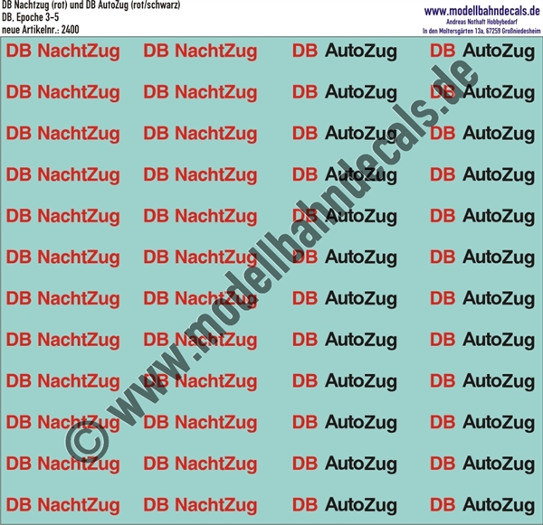 Nass-Schiebebilder: DB Nachtzug (Rot) und DB AutoZug (Rot/Schwarz). Artikel-Nummer: 2400