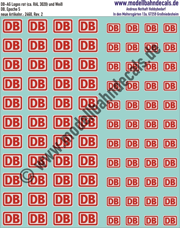 "Nass-Schiebebilder: DB-AG Logo neue Farbe RAL 3020 mit Weiss, 2 verschiedene Größen. Artikel-Nummer: 2460"