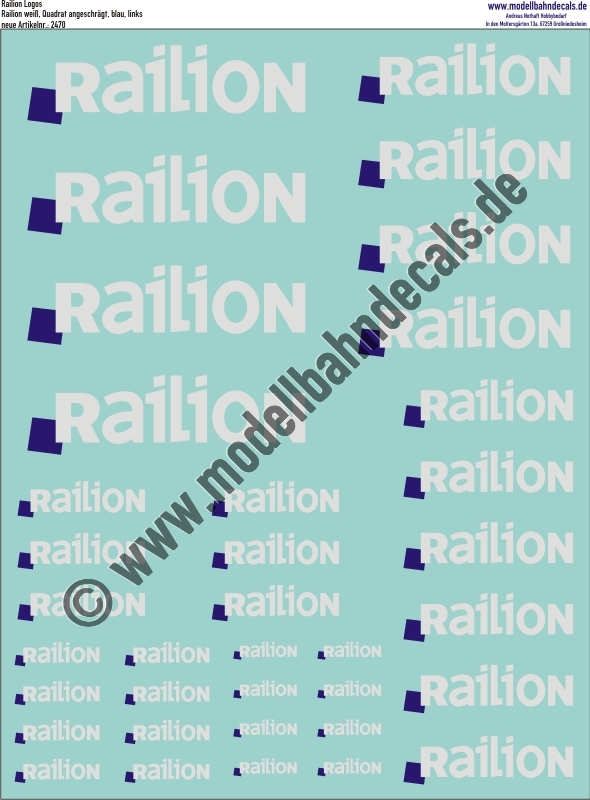"Nass-Schiebebilder: Railion Weiss, Quadrat Blau links. Artikel-Nummer: 2470"