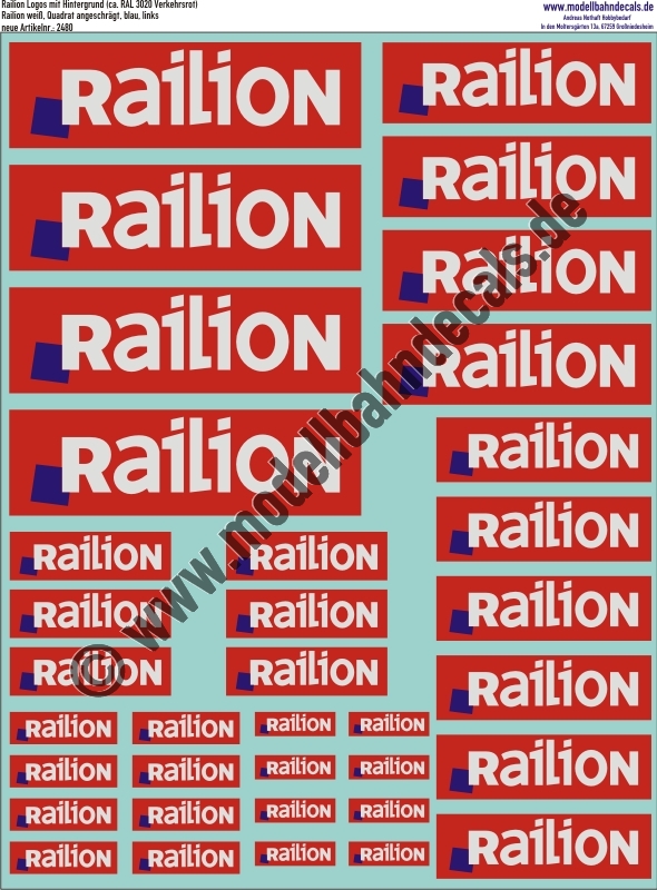 "Nass-Schiebebilder: Railion Weiss, Quadrat Blau links, auf rotem Grund ca. RAL 3020. Artikel-Nummer: 2480"