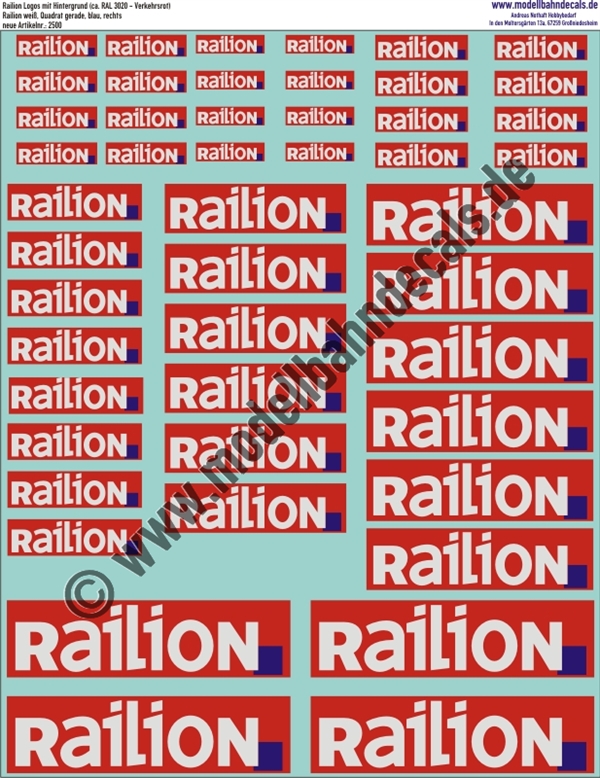 "Nass-Schiebebilder: Railion Weiss, Quadrat Blau rechts, auf rotem Grund ca. RAL 3020. Artikel-Nummer: 2500"