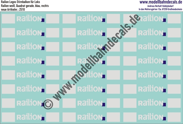 "Nass-Schiebebilder: Railion Weiss - Stirnbalken Loks, Quadrat Blau rechts. Artikel-Nummer: 2510"