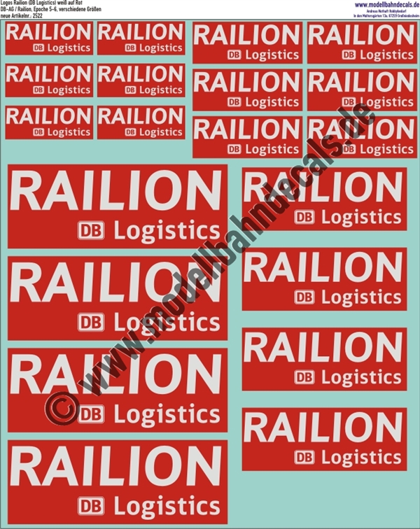 Nass-Schiebebilder: Railion (DB Logistics) Weiss auf rotem Grund ca. RAL 3020. Artikel-Nummer: 2522