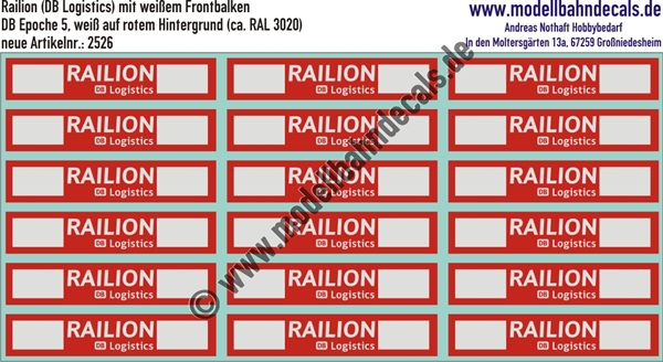 Nass-Schiebebilder: Railion (DB Logistics) Weiss - Stirnbalken Loks - auf rotem Grund ca. RAL 3020. Artikel-Nummer: 2526