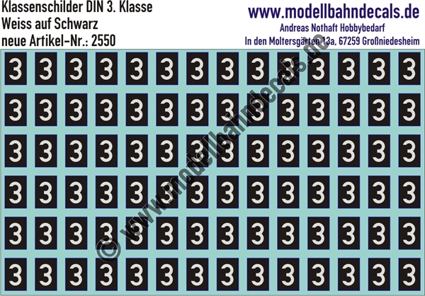 Nass-Schiebebilder: Klassenschilder/Klassenziffern 3. Klasse Weiss auf Schwarz. Artikel-Nummer: 2550