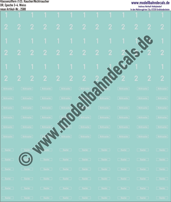 "Nass-Schiebebilder: Raucher, Nichtraucher, (als Text) Klassenschilder/Klassenziffern 1-2, DR, Weiss. Artikel-Nummer: 2580"