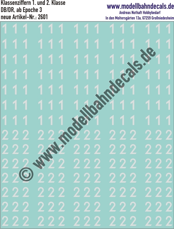 "Nass-Schiebebilder: Klassenschilder/Klassenziffern 1-2 DB, Weiss. Artikel-Nummer: 2601"