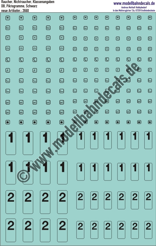 "Nass-Schiebebilder: Raucher, Nichtraucher, Klassenangaben Piktogramme DB Schwarz. Artikel-Nummer: 2660"