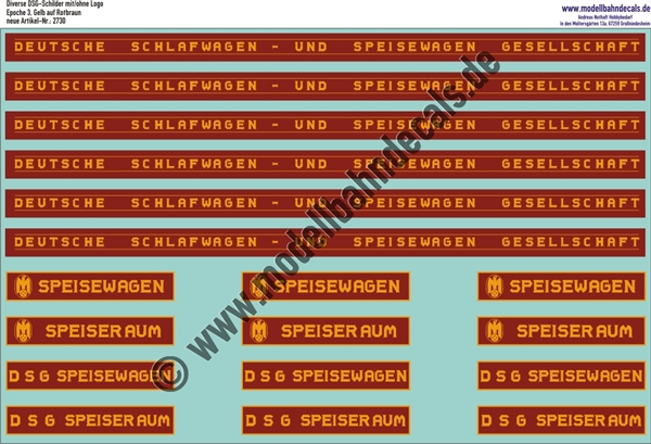 "Nass-Schiebebilder: DSG verschiedene Schilder, ausgeschrieben, mit/ohne Logo, Gelb auf Rotbraun. Artikel-Nummer: 2730"