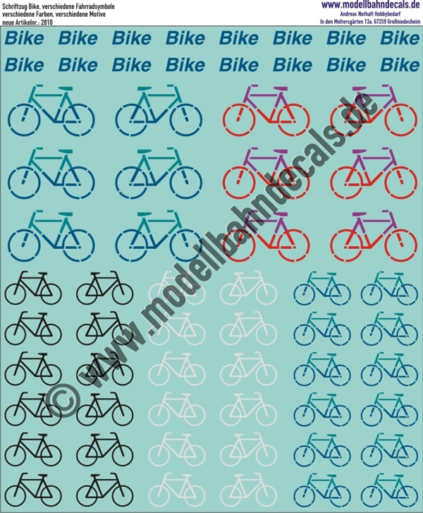 "Nass-Schiebebilder: Fahrradsymbole, verschiedene Farben, verschiedene Größen, ""Bike"". Artikel-Nummer: 2810"