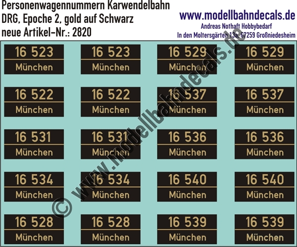 Nass-Schiebebilder: 10x2 Nummern Karwendelbahn Gold auf Schwarz. Artikel-Nummer: 2820