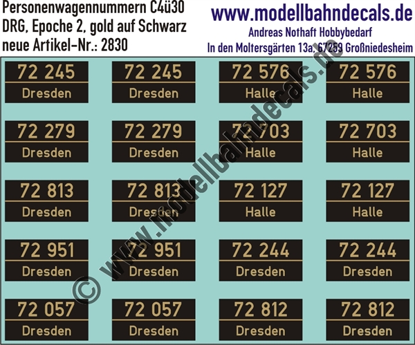 Nass-Schiebebilder: 10x2 Nummern C4ü 30 Gold auf Schwarz. Artikel-Nummer: 2830
