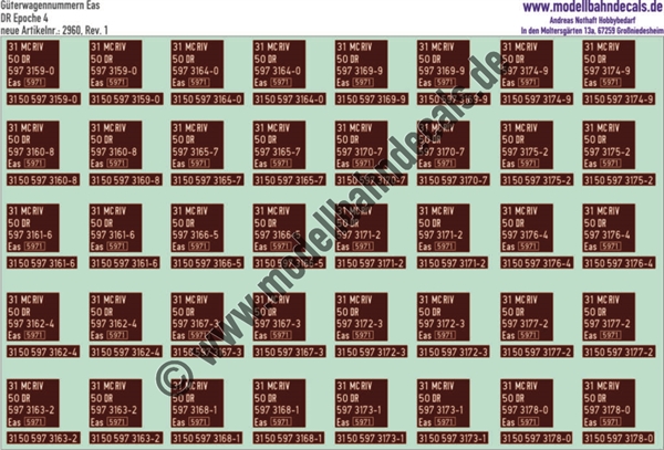 Nass-Schiebebilder: 20x2 Nummer für DR Eas 5971 - Weiss auf Braun. Artikel-Nummer: 2960