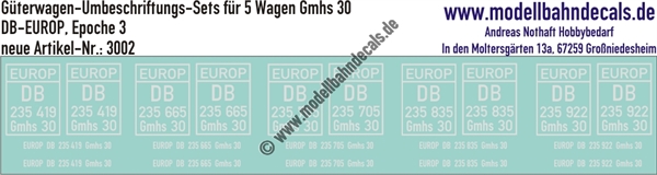 "Nass-Schiebebilder: 5x2 Umbeschriftungs-Sets für Güterwagen Gattung Gmhs 30, DB-EUROP, Epoche 3. Artikel-Nummer: 3002"