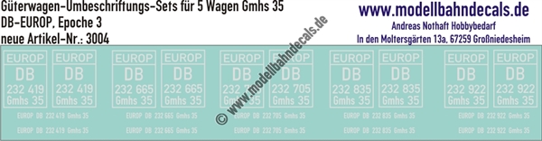 "Nass-Schiebebilder: 5x2 Umbeschriftungs-Sets für Güterwagen Gattung Gmhs 35, DB-EUROP, Epoche 3. Artikel-Nummer: 3004"