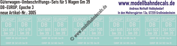 "Nass-Schiebebilder: 5x2 Umbeschriftungs-Sets für Güterwagen Gattung Gm 39, DB-EUROP, Epoche 3. Artikel-Nummer: 3005"