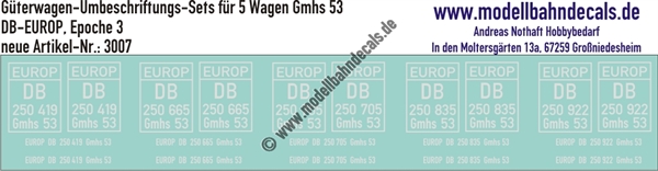 "Nass-Schiebebilder: 5x2 Umbeschriftungs-Sets für Güterwagen Gattung Gmhs 53, DB-EUROP, Epoche 3. Artikel-Nummer: 3007"