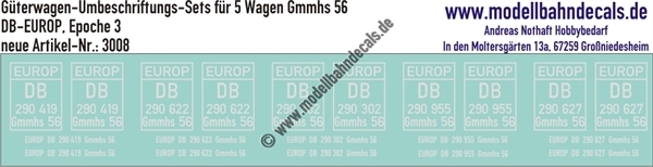 "Nass-Schiebebilder: 5x2 Umbeschriftungs-Sets für Güterwagen Gattung Gmmhs 56, DB-EUROP, Epoche 3. Artikel-Nummer: 3008"