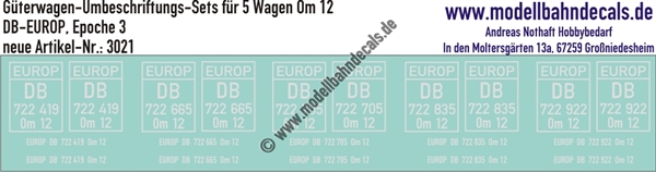 "Nass-Schiebebilder: 5x2 Umbeschriftungs-Sets für Güterwagen Gattung Om 12, DB-EUROP, Epoche 3. Artikel-Nummer: 3021"