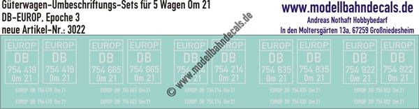 "Nass-Schiebebilder: 5x2 Umbeschriftungs-Sets für Güterwagen Gattung Om 21, DB-EUROP, Epoche 3. Artikel-Nummer: 3022"