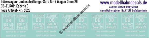 "Nass-Schiebebilder: 5x2 Umbeschriftungs-Sets für Güterwagen Gattung Omm 29, DB-EUROP, Epoche 3. Artikel-Nummer: 3023"
