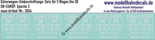 "Nass-Schiebebilder: 5x2 Umbeschriftungs-Sets für Güterwagen Gattung Om 30, DB-EUROP, Epoche 3. Artikel-Nummer: 3024"