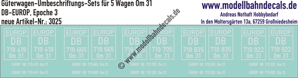 "Nass-Schiebebilder: 5x2 Umbeschriftungs-Sets für Güterwagen Gattung Om 31, DB-EUROP, Epoche 3. Artikel-Nummer: 3025"