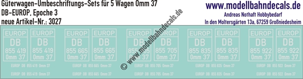 "Nass-Schiebebilder: 5x2 Umbeschriftungs-Sets für Güterwagen Gattung Omm 37, DB-EUROP, Epoche 3. Artikel-Nummer: 3027"