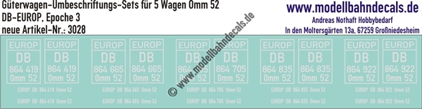 "Nass-Schiebebilder: 5x2 Umbeschriftungs-Sets für Güterwagen Gattung Omm 52, DB-EUROP, Epoche 3. Artikel-Nummer: 3028"
