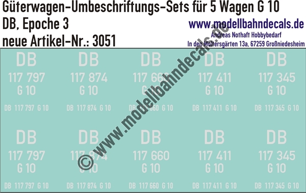 "Nass-Schiebebilder: 5x2 Umbeschriftungs-Sets für Güterwagen Gattung G 10, DB, Epoche 3. Artikel-Nummer: 3051"