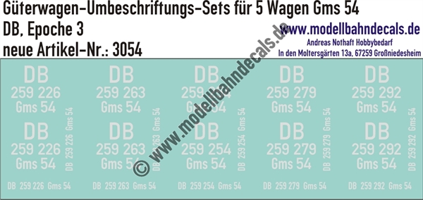 "Nass-Schiebebilder: 5x2 Umbeschriftungs-Sets für Güterwagen Gattung Gms 54, DB, Epoche 3. Artikel-Nummer: 3054"