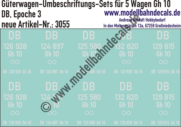 "Nass-Schiebebilder: 5x2 Umbeschriftungs-Sets für Güterwagen Gattung Gh 10, DB, Epoche 3. Artikel-Nummer: 3055"