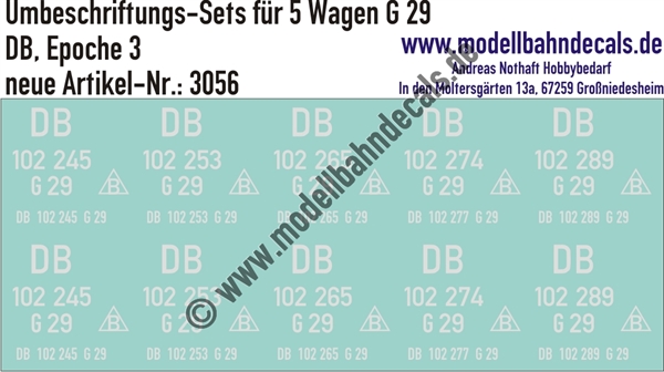 "Nass-Schiebebilder: 5x2 Umbeschriftungs-Sets für Güterwagen Gattung G 29, DB, Epoche 3. Artikel-Nummer: 3056"