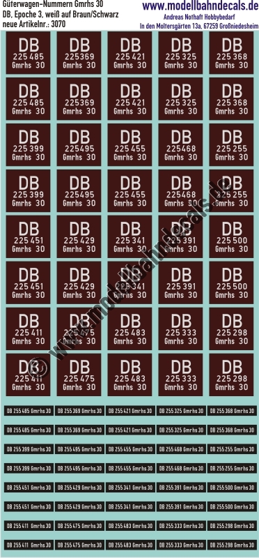 Nass-Schiebebilder: 20x2 Güterwagennummern DB Gmrhs 30  (Weiss auf Braun bzw. Schwarz). Artikel-Nummer: 3070