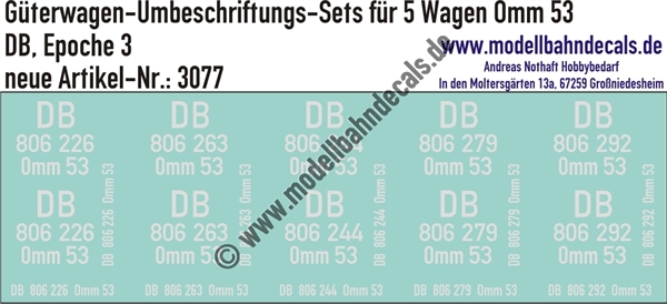 "Nass-Schiebebilder: 5x2 Umbeschriftungs-Sets für Güterwagen Gattung Omm 53, DB, Epoche 3. Artikel-Nummer: 3077"