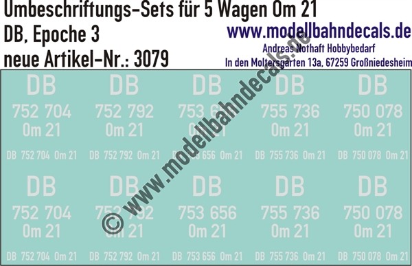 "Nass-Schiebebilder: 5x2 Umbeschriftungs-Sets für Güterwagen Gattung Om 21, DB, Epoche 3. Artikel-Nummer: 3079"
