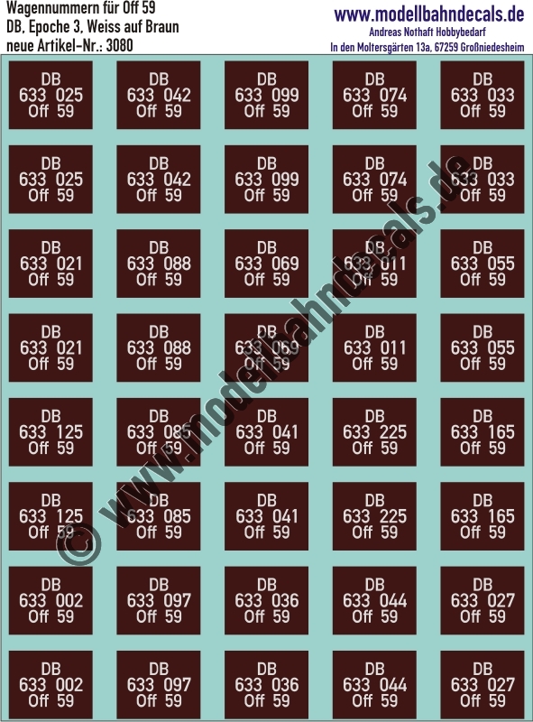 Nass-Schiebebilder: 20x2 Güterwagennummern DB Offs 59 (Weiss auf Braun). Artikel-Nummer: 3080