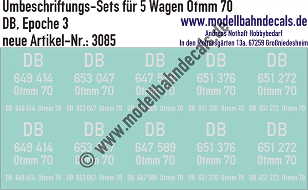 "Nass-Schiebebilder: 5x2 Umbeschriftungs-Sets für Güterwagen Gattung Otmm 70, DB, Epoche 3. Artikel-Nummer: 3085"