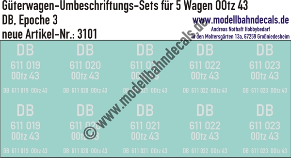 "Nass-Schiebebilder: 5x2 Umbeschriftungs-Sets für Güterwagen Gattung OOtz 43, DB, Epoche 3. Artikel-Nummer: 3101"