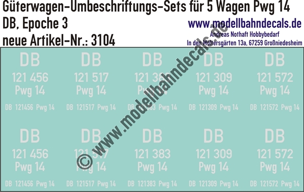 "Nass-Schiebebilder: 5x2 Umbeschriftungs-Sets für Güterzugbegleitwagen Gattung Pwg 14, DB, Epoche 3. Artikel-Nummer: 3104"