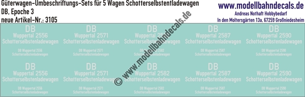 "Nass-Schiebebilder: 5x2 Umbeschriftungs-Sets für Schotterselbstentladewagen der DB, DB, Epoche 3. Artikel-Nummer: 3105"