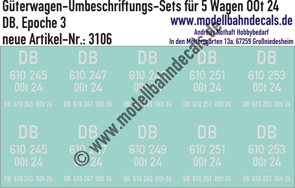 "Nass-Schiebebilder: 5x2 Umbeschriftungs-Sets für Güterwagen Gattung OOt 24, DB, Epoche 3. Artikel-Nummer: 3106"