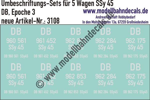 "Nass-Schiebebilder: 5x2 Umbeschriftungs-Sets für Güterwagen Gattung SSy 45, DB, Epoche 3. Artikel-Nummer: 3108"