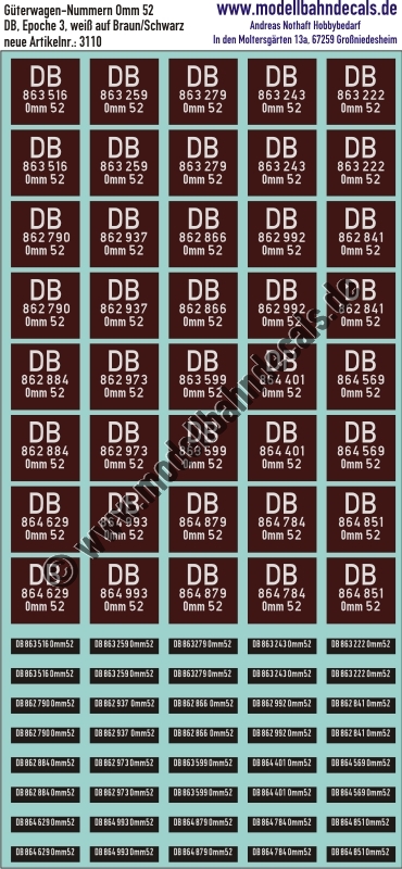 Nass-Schiebebilder: 20x2 Güterwagennummern DB Omm 52 (Weiss auf Braun bzw. Schwarz). Artikel-Nummer: 3110