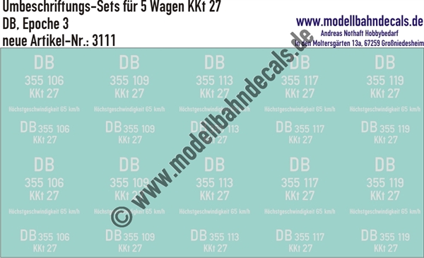 "Nass-Schiebebilder: 5x2 Umbeschriftungs-Sets für Güterwagen Gattung KKt 27, DB, Epoche 3. Artikel-Nummer: 3111"