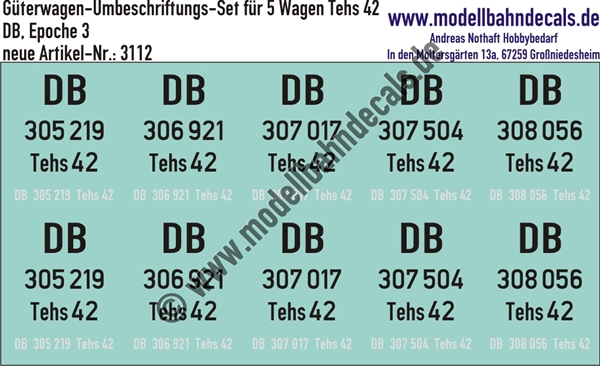 "Nass-Schiebebilder: 5x2 Umbeschriftungs-Sets für Güterwagen Gattung Tehs 42, DB, Epoche 3. Artikel-Nummer: 3112"